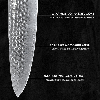 Kegani Chef Knife, 8 Inch Damascus Chefs Knife-Japanese VG10 Super Steel Hammered - G10 Handle Kitchen Knife - Classic Series