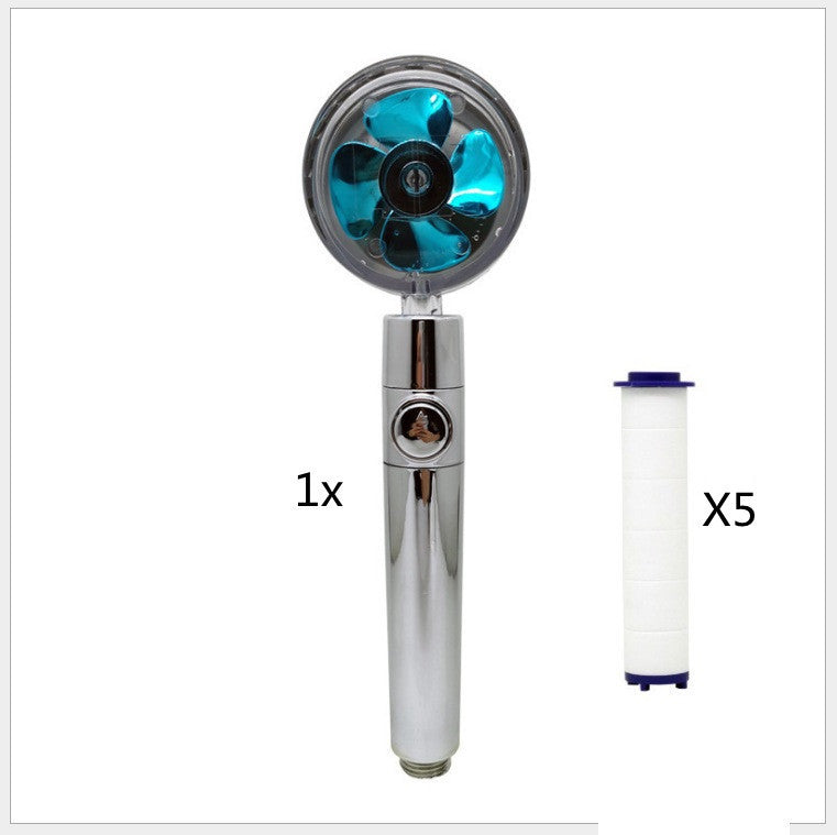 Propeller Driven Shower Head With Stop Button And Cotton Filter Turbocharged High Pressure Handheld Shower Nozzle