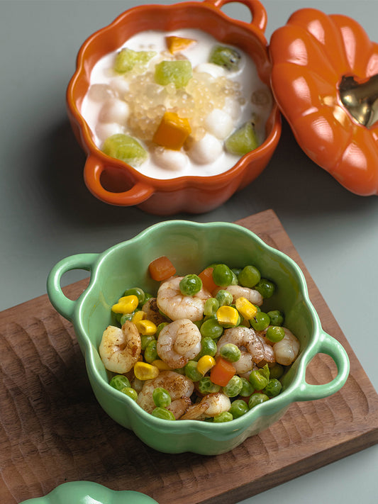 Pumpkin Ceramic Custard Bowl With Lid For Home Breakfast