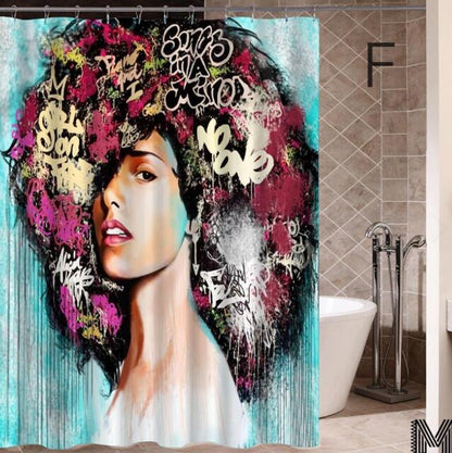 Art Design Graffiti Art Hip Hop African Girl with Black Hair Big Earring with Modern Building Shower Curtain for Bathroom Decor