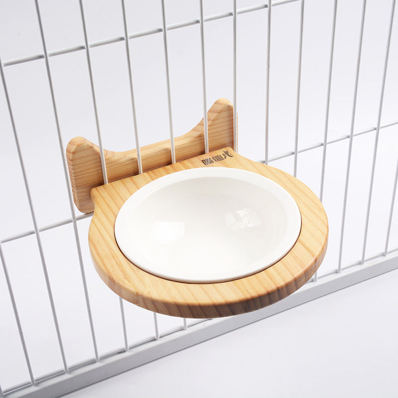 Pet Supplies Ceramic Bowl Solid Wood Stand