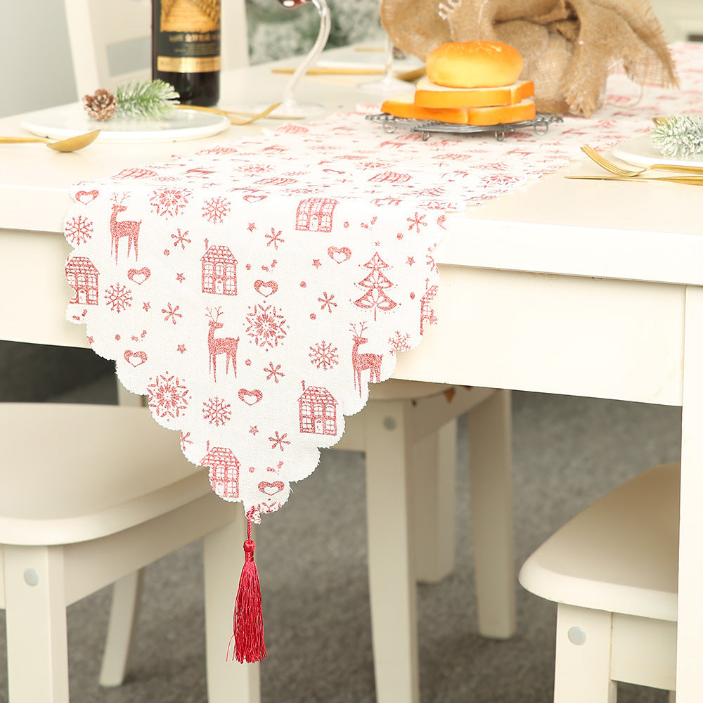 Christmas decorative linen print snowflake with tassel table mat