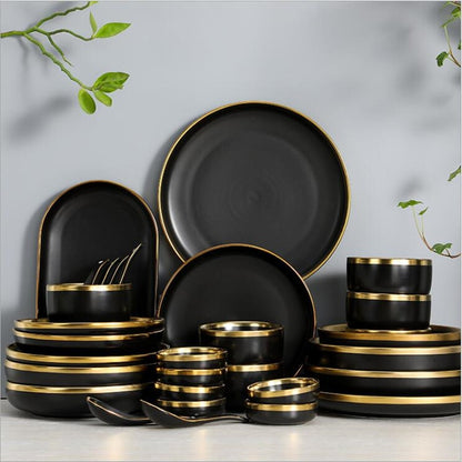 Ceramic black bowl and plate cutlery set