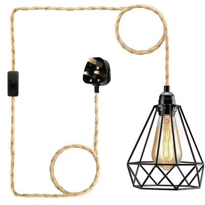 E27 Natural Hemp Rope Code With Plug In Pendant Lamp Light~3693