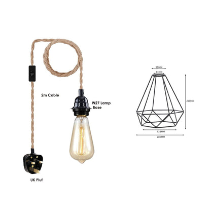 E27 Natural Hemp Rope Code With Plug In Pendant Lamp Light~3693