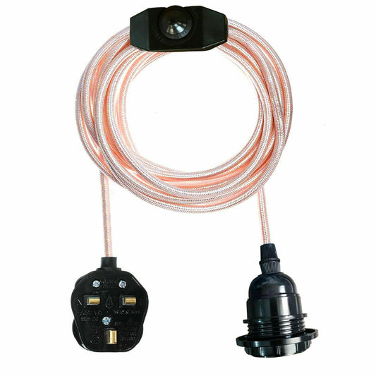 4m Fabric Flex Cable UK Rose Gold color Plug In Pendant Lamp Light Set