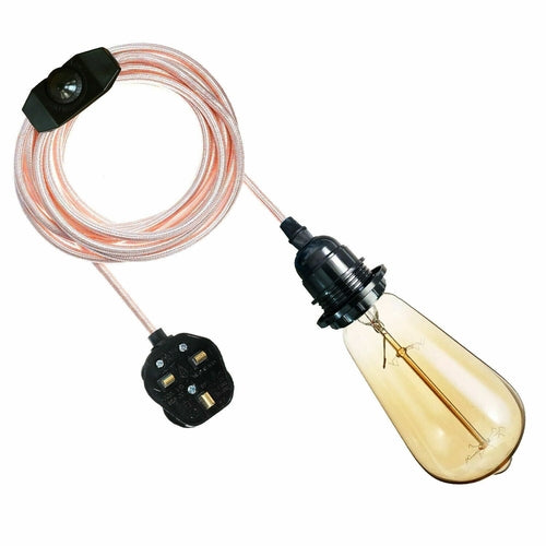 4m Fabric Flex Cable UK Rose Gold color Plug In Pendant Lamp Light Set