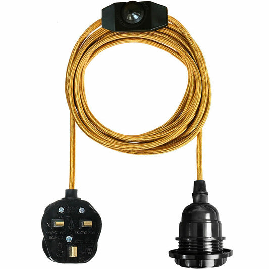 4M Fabric Flex Cable UK Gold colour Plug In Pendant Lamp Light Set E27