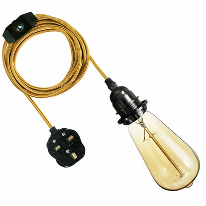 4M Fabric Flex Cable UK Gold colour Plug In Pendant Lamp Light Set E27