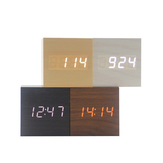 Minimalist Cube shaped sound-sensitive wooden digital clock with temperature display