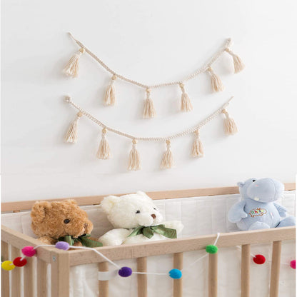 Boho Macrame Hand Woven Cotton Garland with Wooden Beads Tassel Belly Basket Decorations Home Wall Hangings Decor Craft