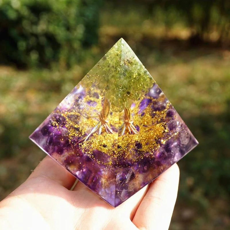 Natural Tiger Eye Orgonite Pyramid Healing Crystals Centerpiece Energy Generator Reiki Chakra Multiplier Orgone Amethyst Meditation