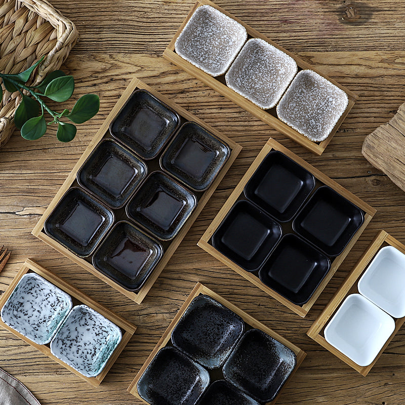 Japan Style Ceramic Fruits Plates with Bamboo Serving Tray