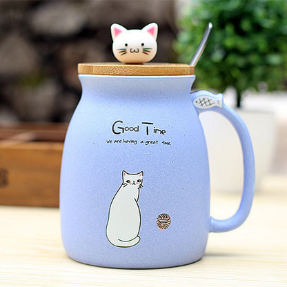 Color Cartoon Tea Cup With Lid Kitten Ceramic Mug