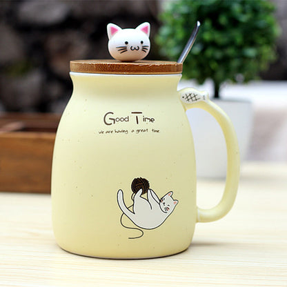 Color Cartoon Tea Cup With Lid Kitten Ceramic Mug