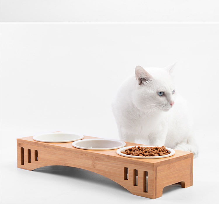 Solid Wood Frame Rice Bowl Ceramic Bowl Cat Food Bowl Pet Food Bowl