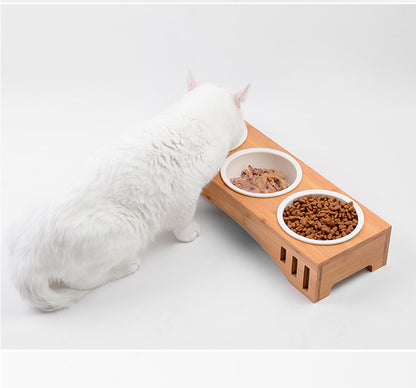 Solid Wood Frame Rice Bowl Ceramic Bowl Cat Food Bowl Pet Food Bowl