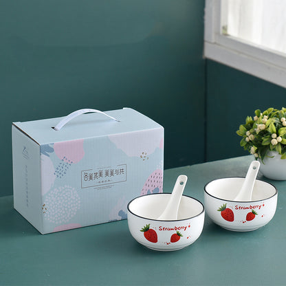 Bowl Spoon Set Strawberry Ceramic Tableware