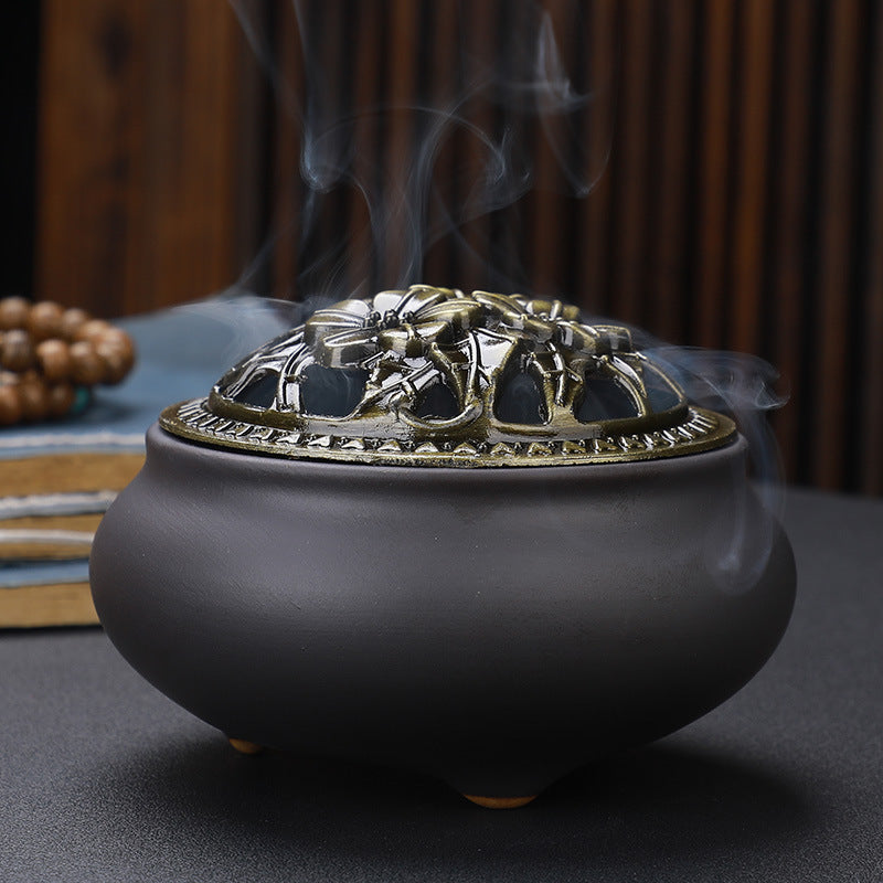 Copper Lid Ceramic Incense Burner Buddha with Antique Alloy Wire Incense Burner