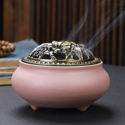 Copper Lid Ceramic Incense Burner Buddha with Antique Alloy Wire Incense Burner