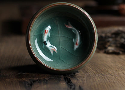 Celadon Tea Set, Tasting Cup, Small Fish Tea Cup, Geyao Ice Cracked Glazed Carp Cup, Small Tea Bowl