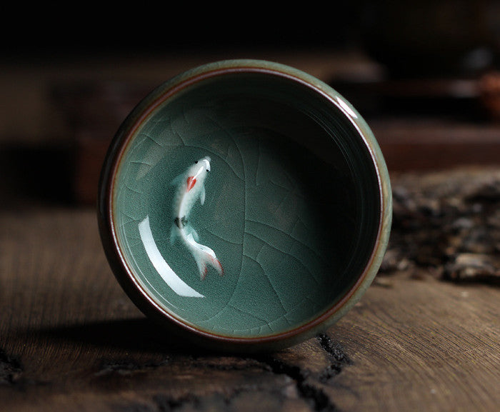 Celadon Tea Set, Tasting Cup, Small Fish Tea Cup, Geyao Ice Cracked Glazed Carp Cup, Small Tea Bowl