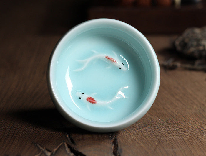 Celadon Tea Set, Tasting Cup, Small Fish Tea Cup, Geyao Ice Cracked Glazed Carp Cup, Small Tea Bowl