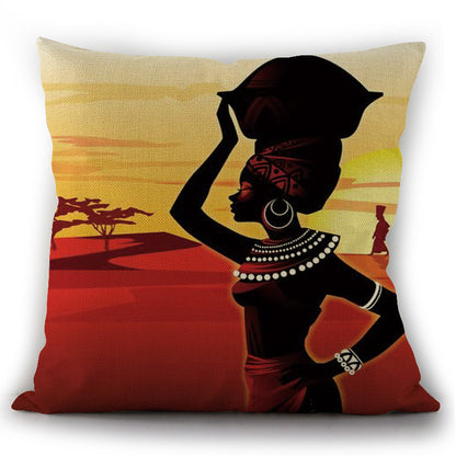 African Woman Print Ethnic Style Linen Pillowcase Cushion Cover