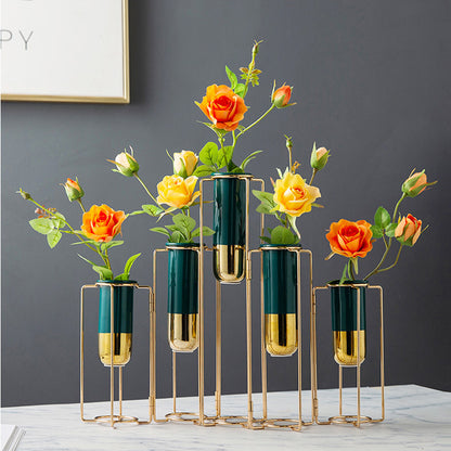 Creative Nordic Metal Iron Test Tube Ceramic Vase Transparent Small Table Decoration Living Room Arrangement