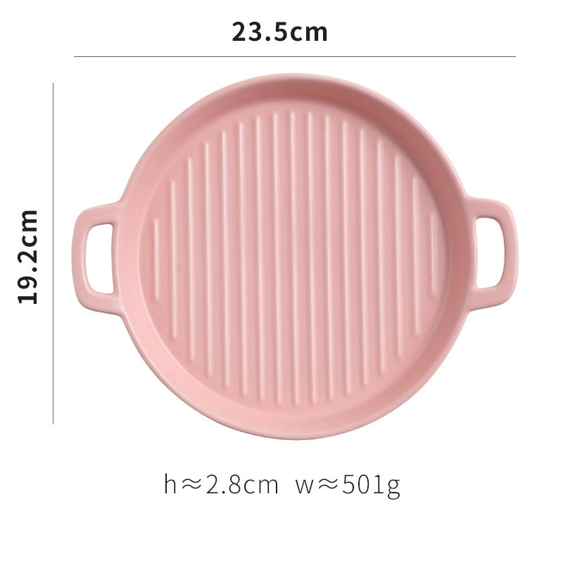 Binaural Baking Tray Pizza Tray Round Dish Plate Dish Creative Oven Ceramic Net Celebrity Tableware Microwave Flat Plate