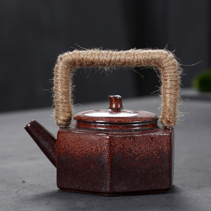 Wood-fired Kung Fu Teapot, Ceramic Stoneware Pot With Beam, Hexagonal Pot