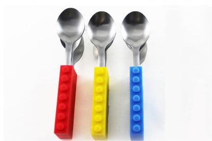 3PCS Creative Bricks Silicone Stainless Steel Portable Travel Kids  Cutlery Fork Picnic Set Gift For CHild Dinnerware