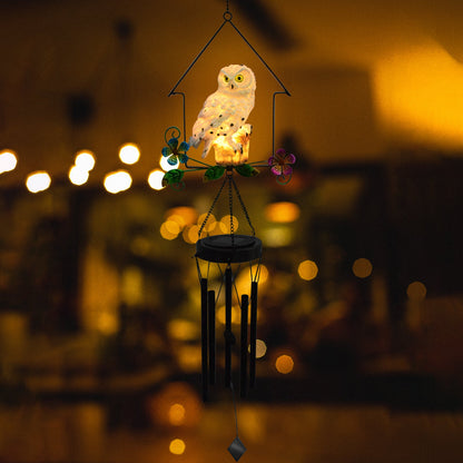 Solar Owl Wind Chime Light Outdoor LED Bird Sculpture Hanging Lamp