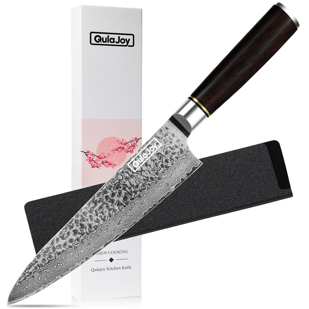 Qulajoy 7 Inch Santoku Knife- Ultra Sharp Japanese 67 Layers Damascus VG-10 Steel Core - Professional Hammered Chef Knife - Ergonomic G10 Handle With Sheath