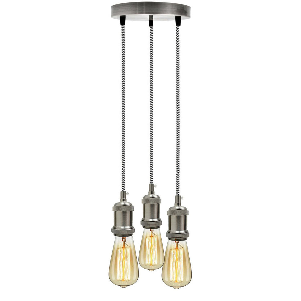 Satin Nickel 3 Head Pendant Braided Fabric Flex Lamp Holder