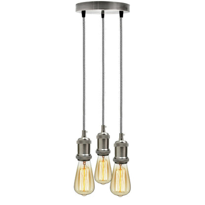 Satin Nickel 3 Head Pendant Braided Fabric Flex Lamp Holder