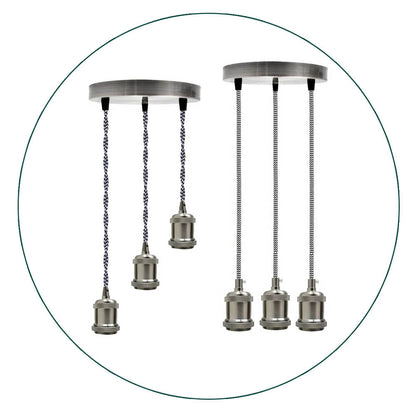 Satin Nickel 3 Head Pendant Braided Fabric Flex Lamp Holder