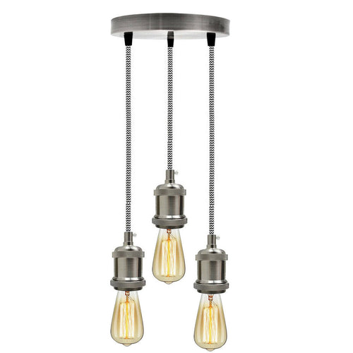 Satin Nickel 3 Head Pendant Braided Fabric Flex Lamp Holder