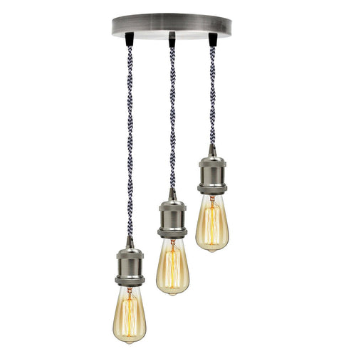 Satin Nickel 3 Head Pendant Braided Fabric Flex Lamp Holder