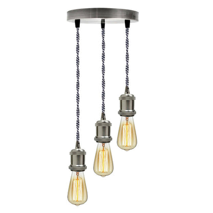 Satin Nickel 3 Head Pendant Braided Fabric Flex Lamp Holder