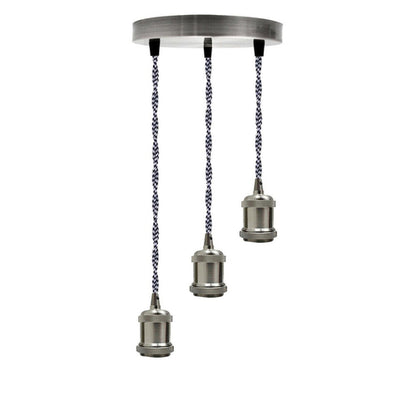 Satin Nickel 3 Head Pendant Braided Fabric Flex Lamp Holder