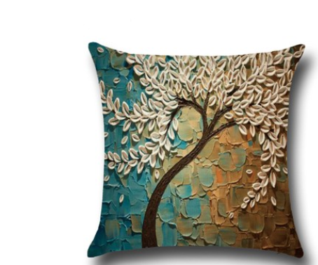 Three-dimensional Oil Painting Trees Flowers Cotton Cushion Cushion Pillowcase Car Waist Cushion Cover