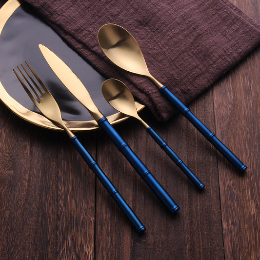 Western Tableware With Bamboo Blue Handle and Gold Head