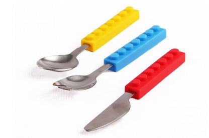 3PCS Creative Bricks Silicone Stainless Steel Portable Travel Kids  Cutlery Fork Picnic Set Gift For CHild Dinnerware