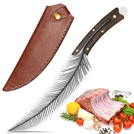 Qulajoy Viking Knife - 13.8 Inch Full Tang Boning Knife With 8.5 Inch Feather Blade & Leather Sheath - Sharp Hand-Forged 7Cr17MOV Real Carbon Steel