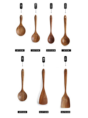 Thailand Teak Natural Wood Tableware Spoon Ladle Turner Long Rice Colander Soup Skimmer Cooking Spoons Scoop Kitchen Tool Set