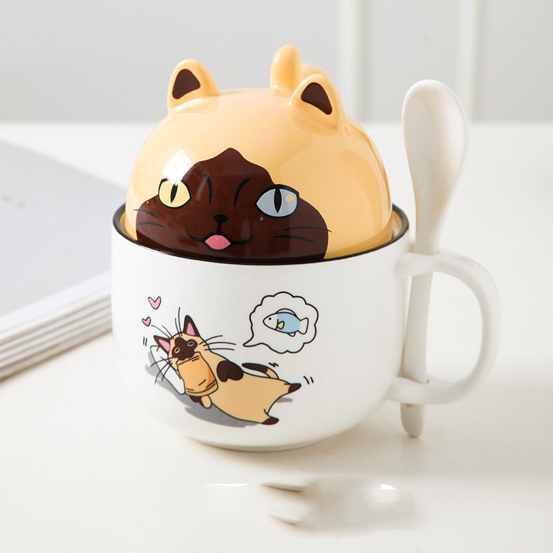 Cartoon Office Ceramic Mug With Lid Spoon