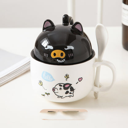 Cartoon Office Ceramic Mug With Lid Spoon