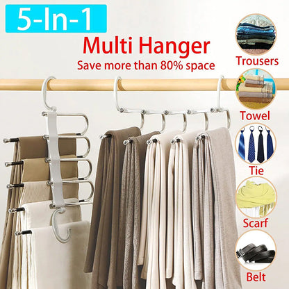 5 In1 Multi-functional Pants Rack Shelves Stainless Steel Wardrobe Magic Hanger