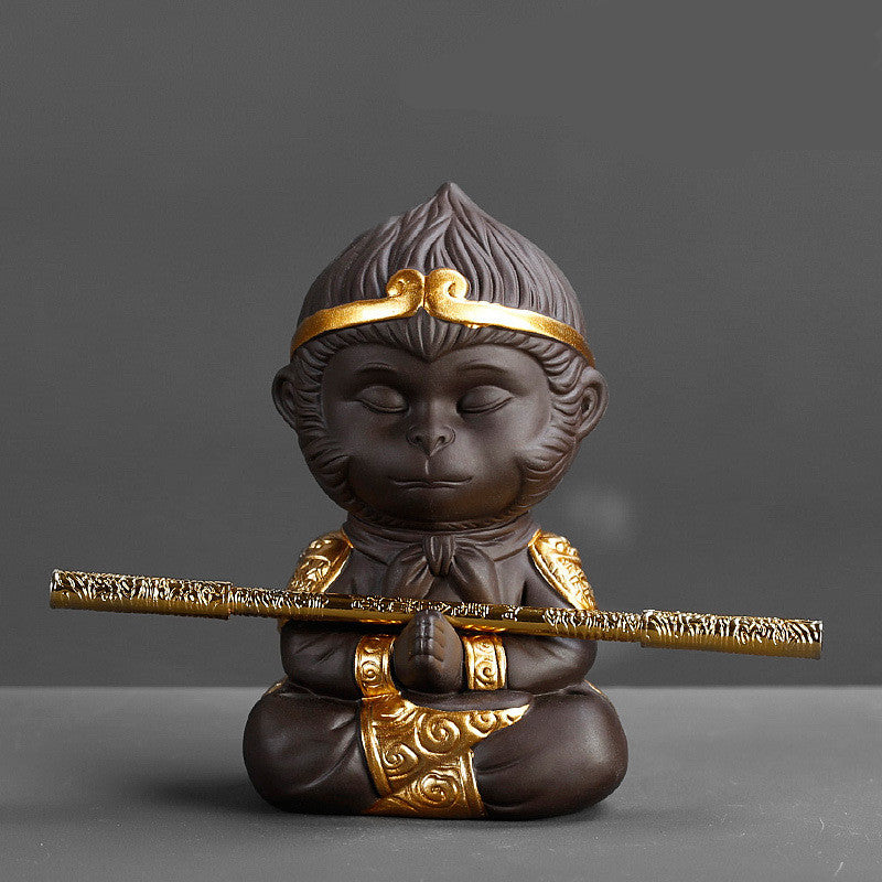 Chinese Purple Clay Kung Fu Tea Set Tea Pet Monkey King for Home Tea Tray Decoration Tea Tray Sun Wukong Statues Sculptures